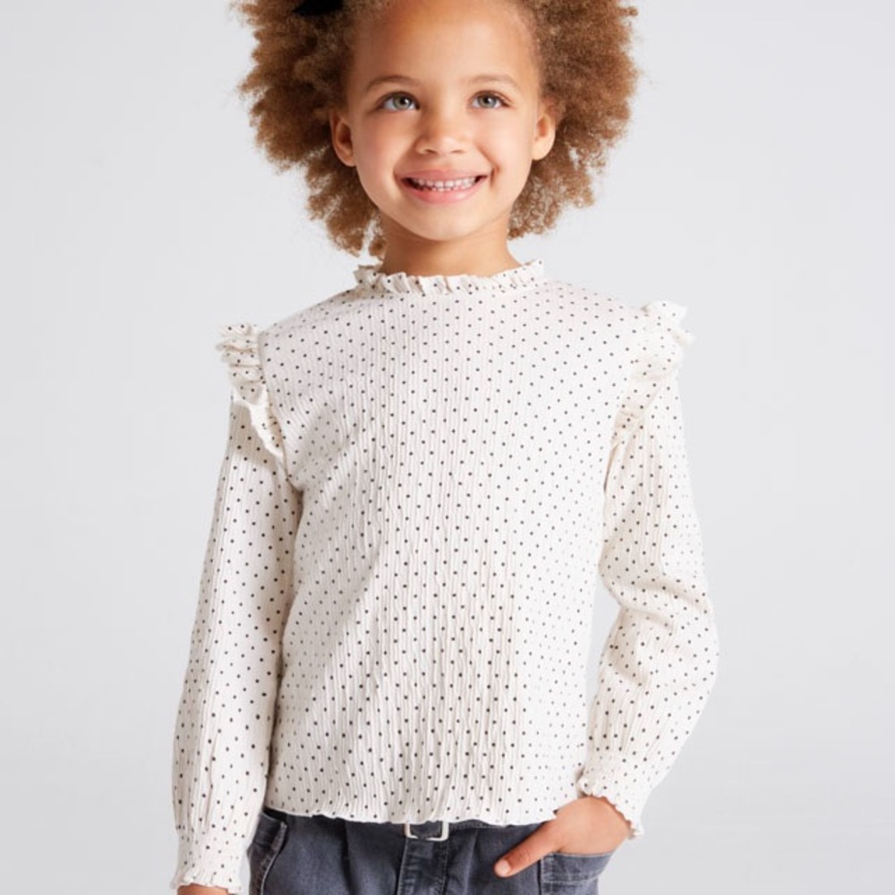 Size 3 Years Girls Mayoral Cream Long Sleeve Tee with Black Dots